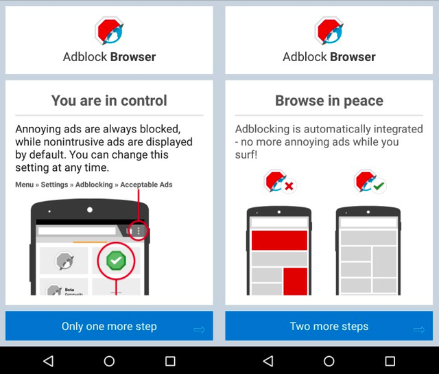 Giao diện trình duyệt Adblock Browser (phiên bản beta) chạy trên Android