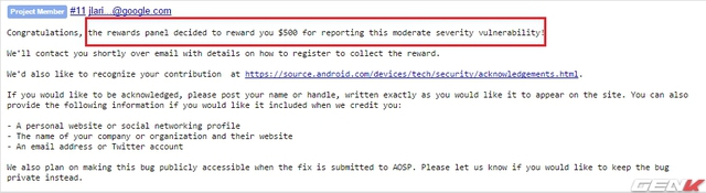  Google thưởng cho người phát hiện ra lỗi trên 500 USD 