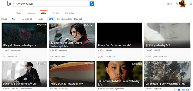  Phần search video của Bing cho ra hình thumbnail rõ ràng và dễ tương tác hơn Google 