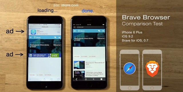  So sánh giữa Brave và Safari trên iPhone 6 Plus. 