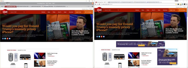  So sánh khả năng hiển thị quảng cáo giữa Brave (bên trái) và Chrome (bên phải). 