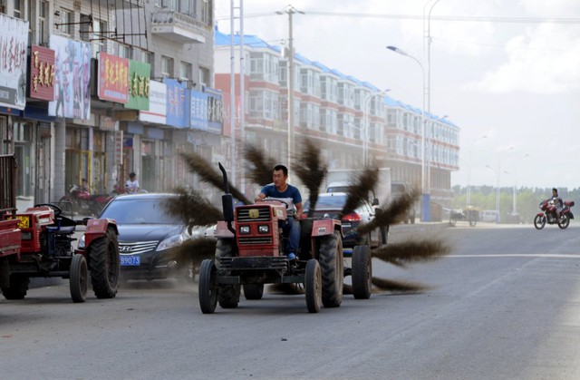  5. Chiếc xe máy kéo này được gắn 12 cây chổi vào để…quét đường tại huyện Mạc Hà, thuộc tỉnh Hắc Long Giang. 