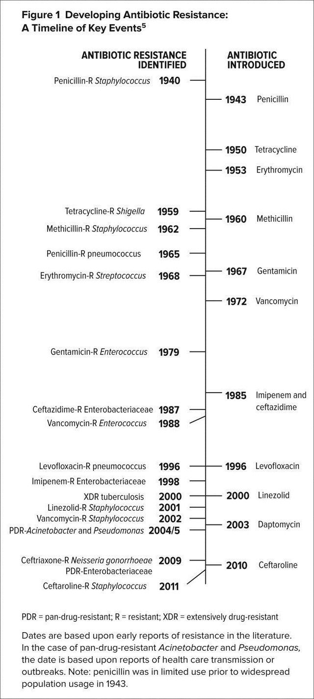  Dòng thời gian biểu hiện vi khuẩn kháng kháng sinh xuất hiện khi ta tìm ra được một loại kháng sinh mới. Năm 1943, penicillin bị hạn chế sử dụng do dân chúng sử dụng quá nhiều. 