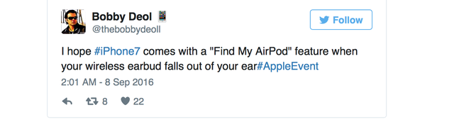  Tôi hy vọng iPhone 7 sẽ có tính năng Find My AirPods mỗi khi tai nghe rơi khỏi tai người dùng.​ 