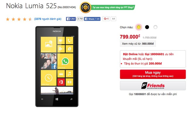  Mặc dù Windows Phone có nhiều hạn chế, nhưng với mức giá 799.000đ thì Lumia 525 quá ngon trong tầm giá.​ 