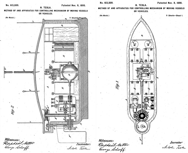  Bằng sáng chế của Tesla mô tả phương pháp điều khiển không dây một loại vũ khí tương tự như ngư lôi điều khiển từ xa hiện nay. 