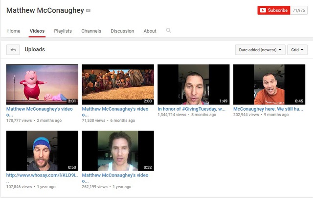  Nhờ cộng đồng mạng, kênh YouTube của Matthew McConaughey đã đắt khách hơn một chút 