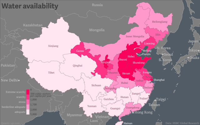  Bản đồ lượng nước cung cấp theo đầu người tại Trung Quốc, màu càng sậm là càng khan hiếm nước. 
