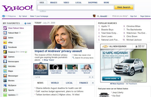  Trang chủ của Yahoo. 