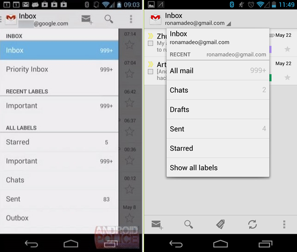  So sánh giao diện của ứng dụng Gmail cũ (phải) và ứng dụng Gmail mới (trái).