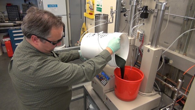 Tom Hart-quản lý phòng thí nghiệm PNNL đang đổ một số tảo chưa qua chế biến.