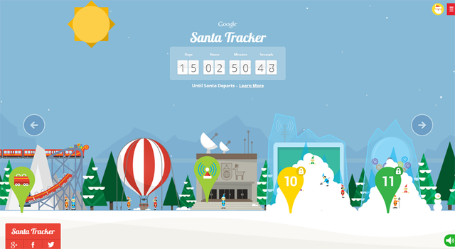  Giao diện chính của Santa Tracker hiển thị box đếm ngược đến Giáng Sinh.