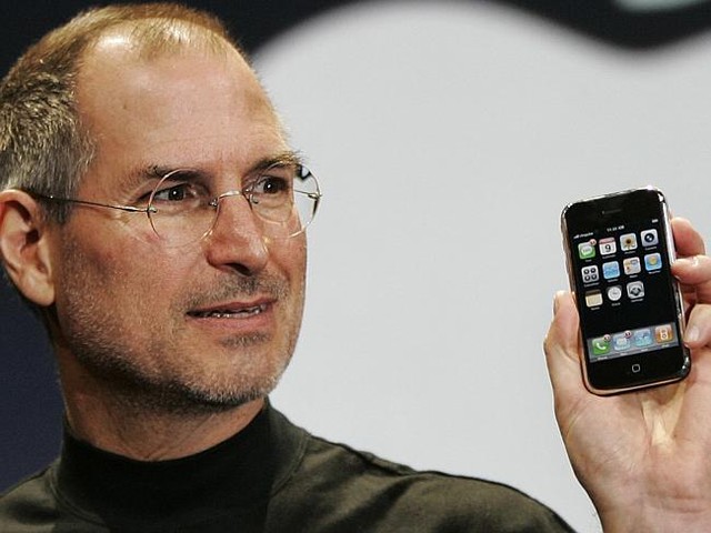 Seventh anniversary ... The late Apple CEO Steve Jobs demonstrates the new iPhone at MacW