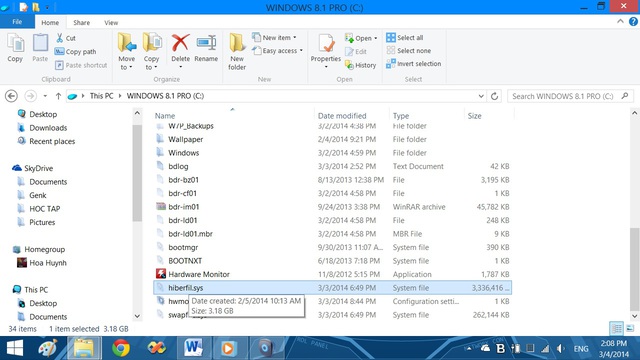 Máy bạn có 4GB RAM thì tập tin hiberfil.sys có dung lượng khoảng 3.2GB
