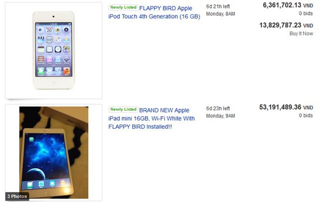 Nhiều người rao bán iPhone, iPad, iPod Touch kèm theo thông tin đã cài đặt sẵn Flappy Bird. Ảnh chụp màn hình.