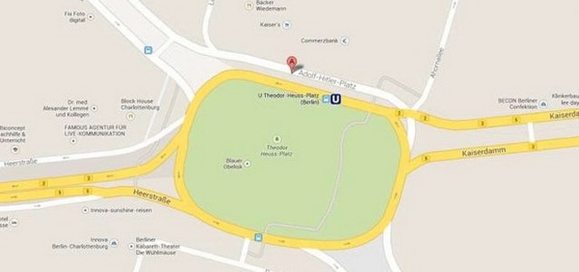 Ảnh chụp màn hình tên gọi giao lộ Theodor-Heuss bị đổi thành Adolf Hitler Platz trên Google Maps tiếng Đức - Ảnh: Techcrunch