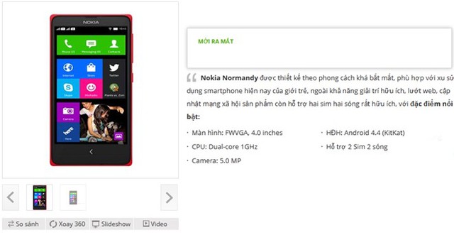 Nokia Normandy xuất hiện trên một website bán lẻ tại Việt Nam. Ảnh chụp màn hình.