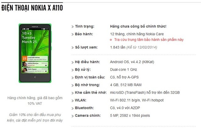 Nokia X chạy Android xuất hiện trên website của một đại lý bán lẻ tại Việt Nam. Ảnh chụp màn hình.