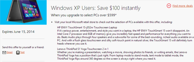 windows xp 100 off Microsoft offers Windows XP users $100 off select Windows 8 PCs