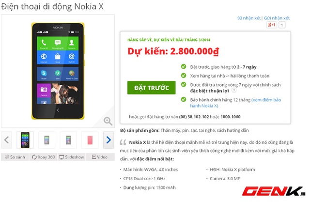 Đã có thể đặt mua Nokia X chính hãng tại Việt Nam với giá 2,8 triệu đồng