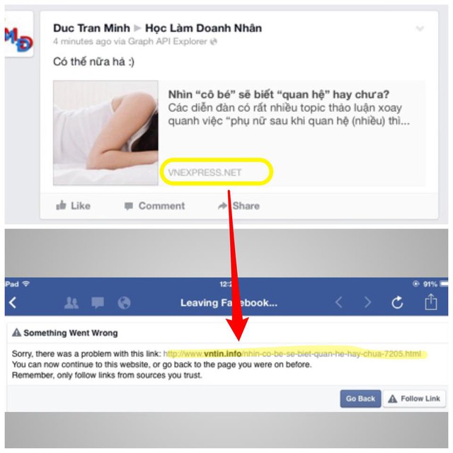 Một trang tin giả có đường link gốc là vntin.info
