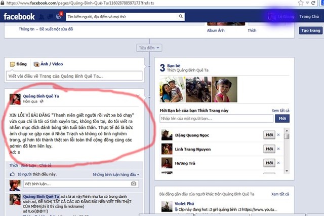 Lời xin lỗi (khoanh tròn màu đỏ) muộn màng trên Facebook &quot;Quảng Bình quê ta&quot; của Sơn