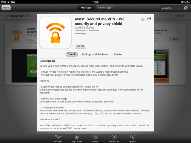 avast SecureLine VPN được cung cấp miễn phí trên Apple Store