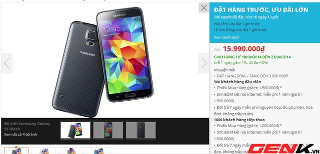 Galaxy S5 rục rịch được đặt hàng tại Việt Nam với giá 16 triệu đồng