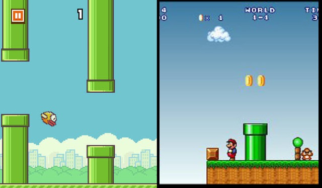 Ống khói ở Flappy Bird (trái) và trong game Mario.