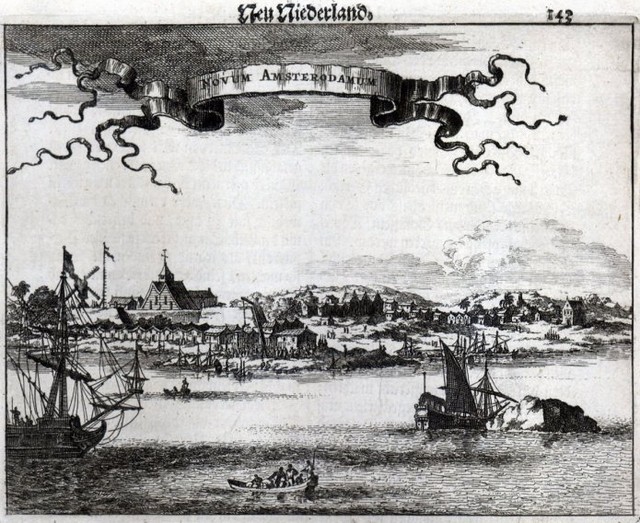 Bản in gỗ khắc họa bờ nam Manhattan vào năm 1651 (khi vẫn còn được gọi với cái tên New Amsterdam).