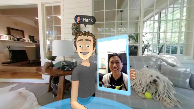  Bức selfie giữa avatar VR của Zuckerberg với vợ mình khi chat Messenger, xung quanh là căn phòng được ghi hình bởi máy quay 360 độ. 