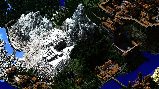 Một vùng núi tuyết được mô phỏng lại trong Minecraft.