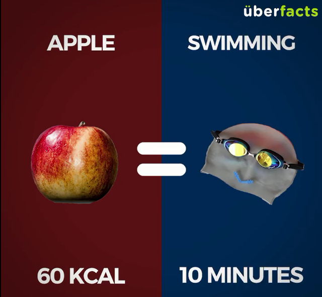  1 quả táo (60Kcal) = Bơi 10 phút 