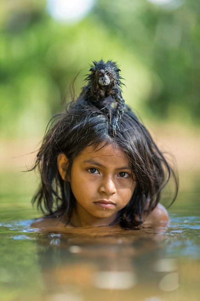 
Một bé gái thuộc tộc người Matsigenka ngâm mình trong dòng sông Yomibato với vật cưng ngồi trên đầu, sâu bên trong Công viên Quốc gia Manu của Peru
