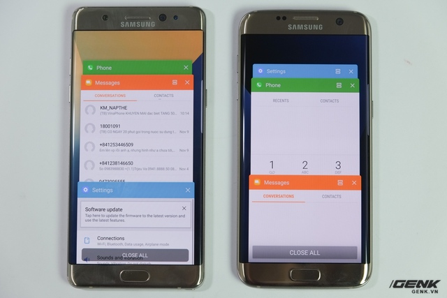  Nhờ vào sự hỗ trợ từ hệ điều hành Nougat, nhiều ứng dụng hỗ trợ tính năng chia đôi màn hình hơn. Trên Galaxy S7, cả ba ứng dụng Cài đặt, Điện thoại và Tin nhắn đều hỗ trợ chia màn hình. Trong khi đó với Note7, chỉ ứng dụng Tin nhắn hỗ trợ tính năng này 