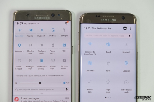  Cách trình bày các nút bật/tắt nhanh cũng được thay đổi. Các nút này trên Android Nougat được chia thành nhiều trang, cho phép hiển thị nhiều hơn con số 15 nút như Android 6.0 Marshmallow trên Note7. 
