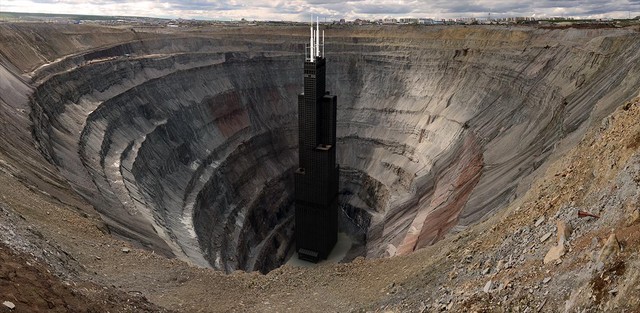  Khu mỏ Mir – Khu hầm mỏ Mir ở Nga là một trong những khu mỏ sâu nhất thế giới. Chiều sâu được đo đạc của nó là 525m (1722 feet). Nếu tòa nhà cao thứ 2 tại Mỹ là Sears Tower, vốn có chiều cao cũng vào khoảng 527m (1729 feet), được đặt vào Mir thì phần đỉnh của tòa nhà chỉ nhô ra khỏi mặt đất khoảng 2m (7 feet). 