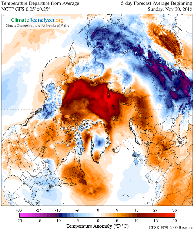Trong biểu đồ trên, vùng màu đỏ là những nơi có nhiệt độ cao hơn mức bình thường 1,6 độ C. Những khu vực thuộc Biển Barent gần quần đảo Svalbard và Franz Josef đã có nhiệt độ cao hơn mức đóng băng tại vùng nước bề mặt.
