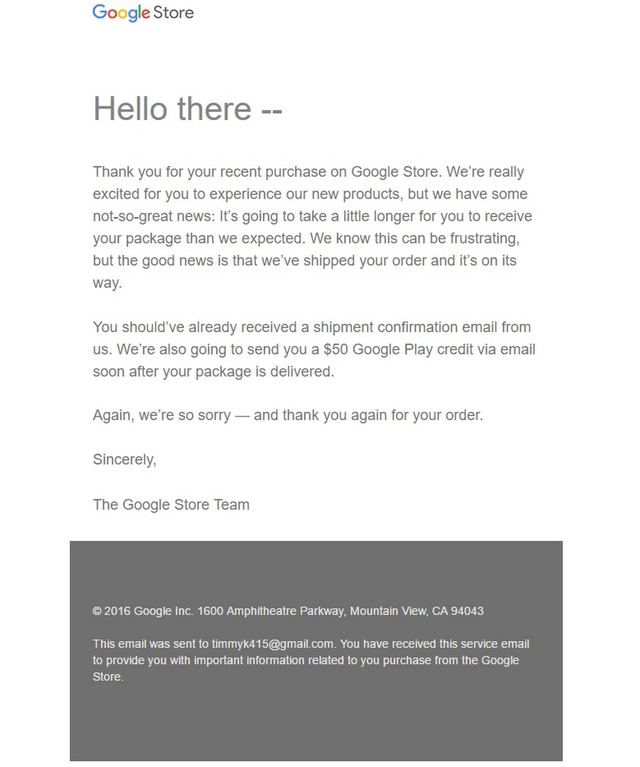  Email xin lỗi của Google gửi đến khách hàng. 