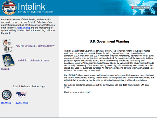  Trước khi bạn có thể truy cập vào Intellipedia, bạn cần đăng nhập qua website Intelink, với cảnh báo rằng, đây là một máy chủ của chính phủ Mỹ. Nếu bạn cố gắng truy cập vào website này mà không được phép, bạn có thể bị truy tố hình sự. 