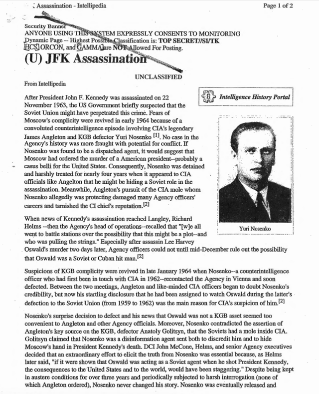  Trong khi một số người theo thuyết âm mưu tin rằng CIA đã nhúng tay vào vụ ám sát Kenedy, và họ không kỳ vọng rằng trang Intellipedia sẽ ủng hộ quản điểm đó. Bài viết về chủ đề này tập trung vào cuộc điều tra của CIA xem liệu việc ám sát tổng thống có phải là một âm mưu của KGB hay không. 