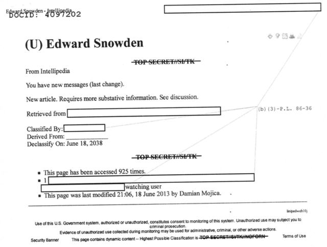  Nhưng điều thú vị nhất là bài viết về Edward Snowden trong phiên bản tuyệt mật của Intellipedia. Năm 2014, sau khi nhận được yêu cầu về chủ đề này, những gì người ta nhận được chỉ là một trang giấy trắng. 