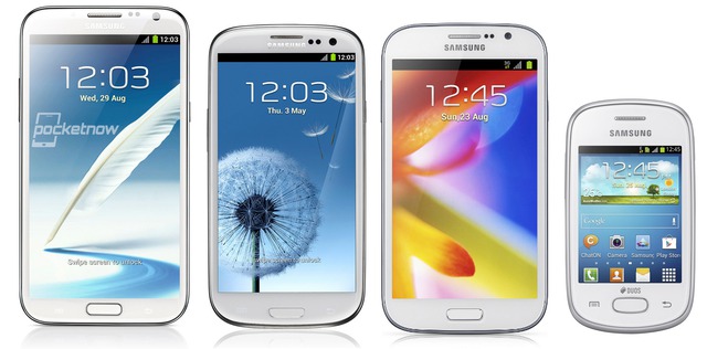  Line-up sản phẩm của Samsung trong năm 2012: Galaxy Note 2, Galaxy S3, Galaxy Grand và Galaxy Pocket. Trông chúng có khác gì nhau không? 