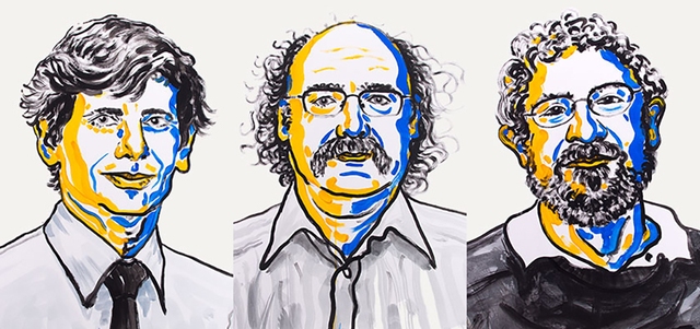  Bộ ba nhà khoa học đoạt giải Nobel Vật lý năm 2016. Từ trái sang: David Thouless, Duncan Haldane và Michael Kosterlitz 