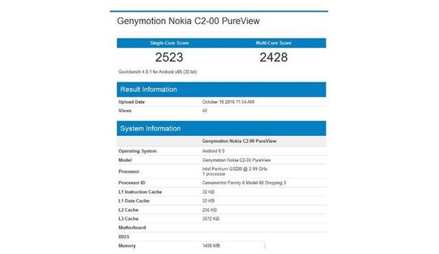  Cấu hình chi tiết Genymotion Nokia C2-00 PureView. Ảnh: Geekbench 