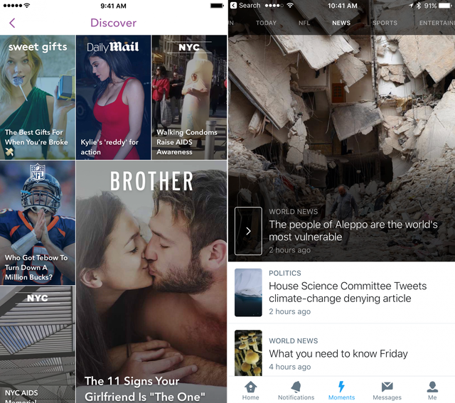  Phần Discovery của Snapchat và Moments của Twitter đều hiển thị tin tức chọn lọc từ các nhà xuất bản. 