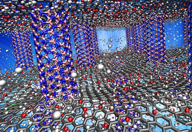  Hai lớp graphen được chống giữa bởi những cột là ống nano boron nitride được gia cố bằng oxy. 