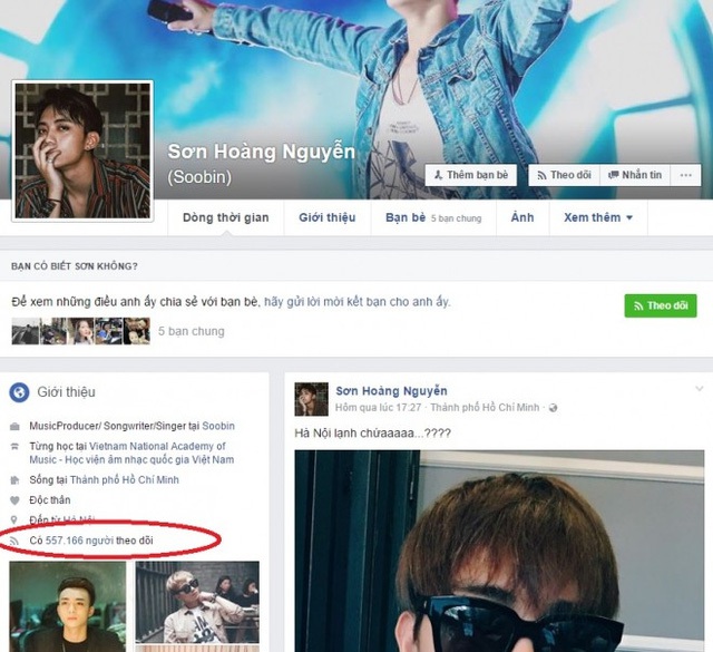  Tài khoản Facebook của Soobin Hoàng Sơn giảm hơn 1 triệu còn 557.166 follower 