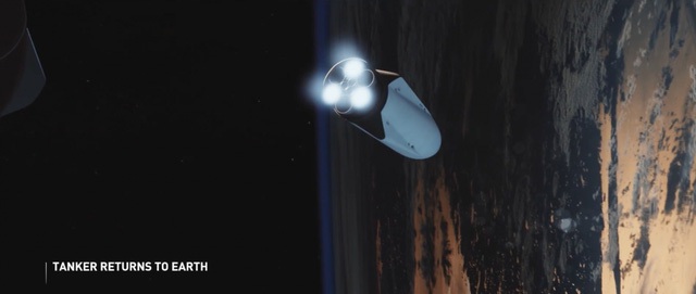 Sau khi hoàn thành việc nạp nhiêu liệu, tàu nhiên liệu lại bay về Trái Đất để sẵn sàng cho lần phóng sau. 