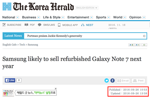  Thông tin về việc Samsung bán Galaxy Note7 tân trang xuất hiện trên trang Korea Herald từ 26/9, trước thời điểm máy bị khai tử 